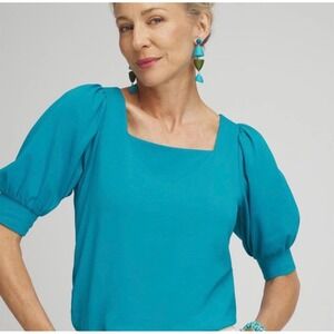 Chicos Square Neck Puff Sleeve Knit Top Peacock Blue Cotton Blend Size 1 M NEW